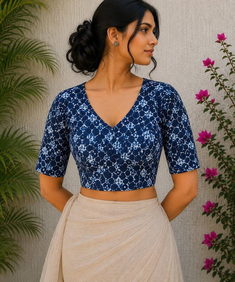 Blue premium cotton handblock printed blouse