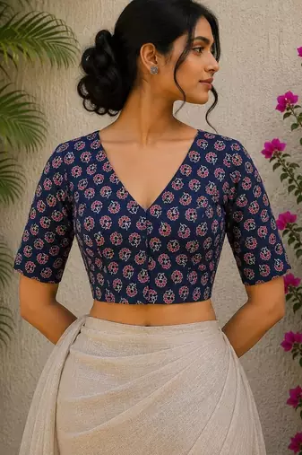 Blue premium cotton handblock printed blouse
