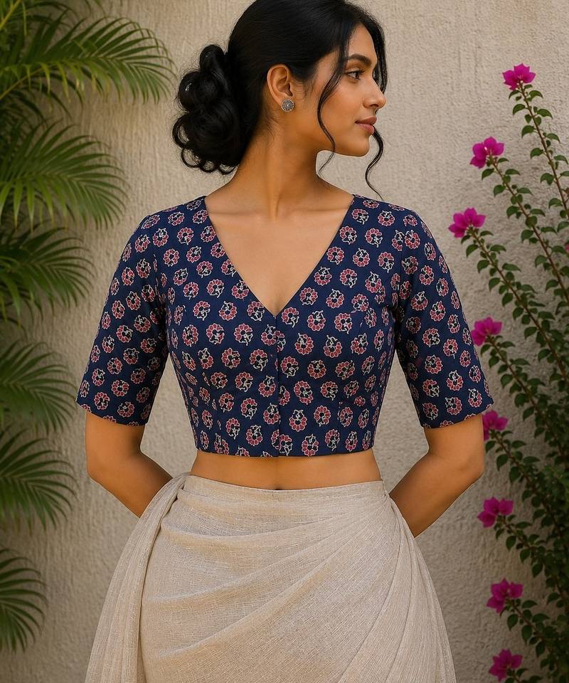 Blue premium cotton handblock printed blouse