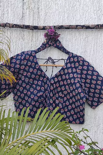 Blue premium cotton handblock printed blouse