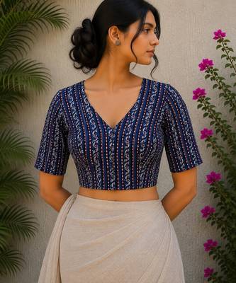 Blue premium cotton handblock printed blouse 1