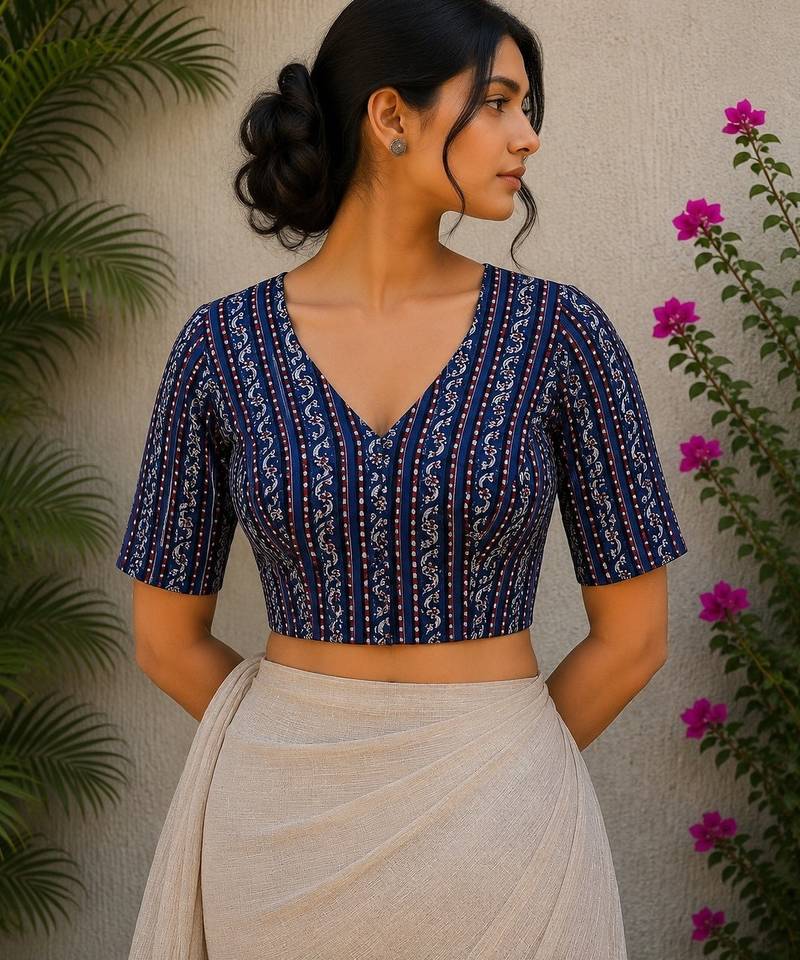 Blue premium cotton handblock printed blouse