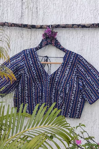 Blue premium cotton handblock printed blouse