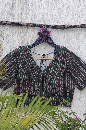 Green premium cotton handblock printed blouse
