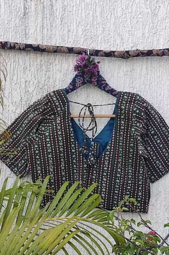 Green premium cotton handblock printed blouse