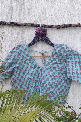 Sky blue premium cotton handblock printed blouse