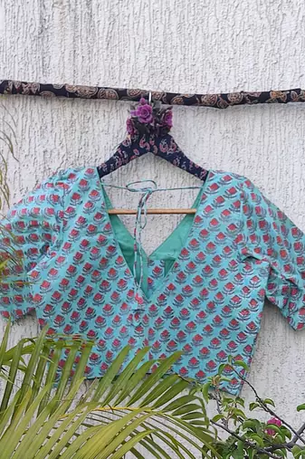 Sky blue premium cotton handblock printed blouse