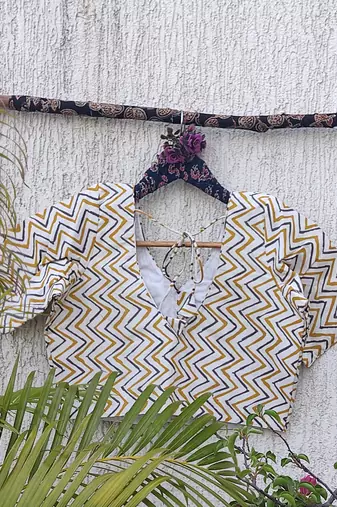 White premium cotton handblock printed blouse
