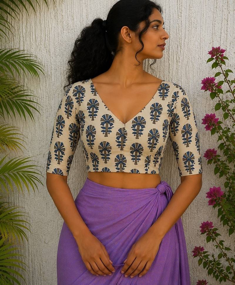 White premium cotton handblock printed blouse