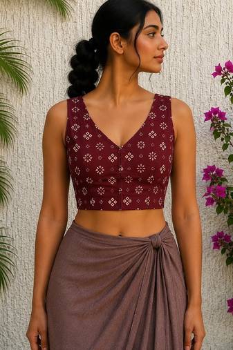 Maroon premium cotton handblock printed blouse