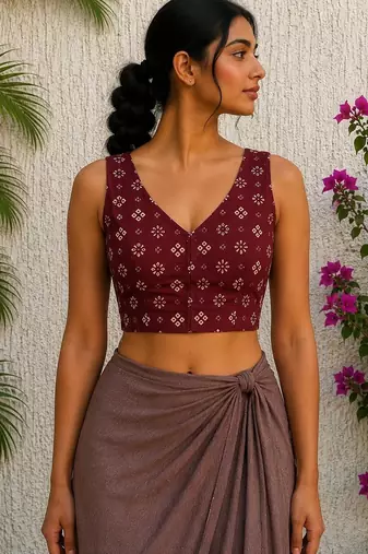 Maroon premium cotton handblock printed blouse