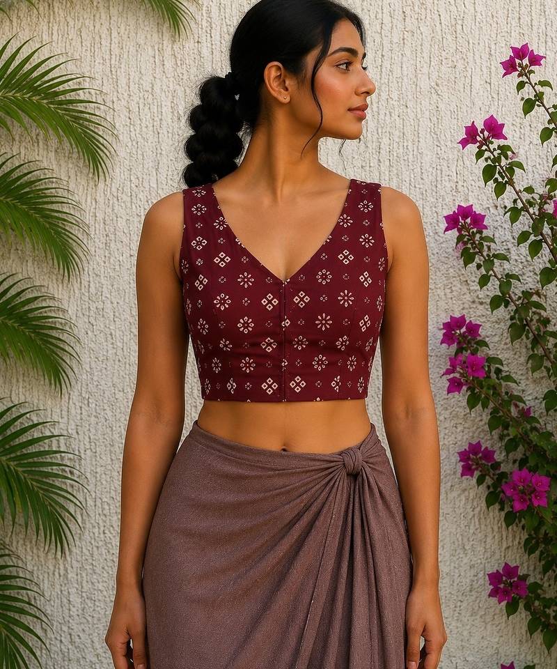 Maroon premium cotton handblock printed blouse