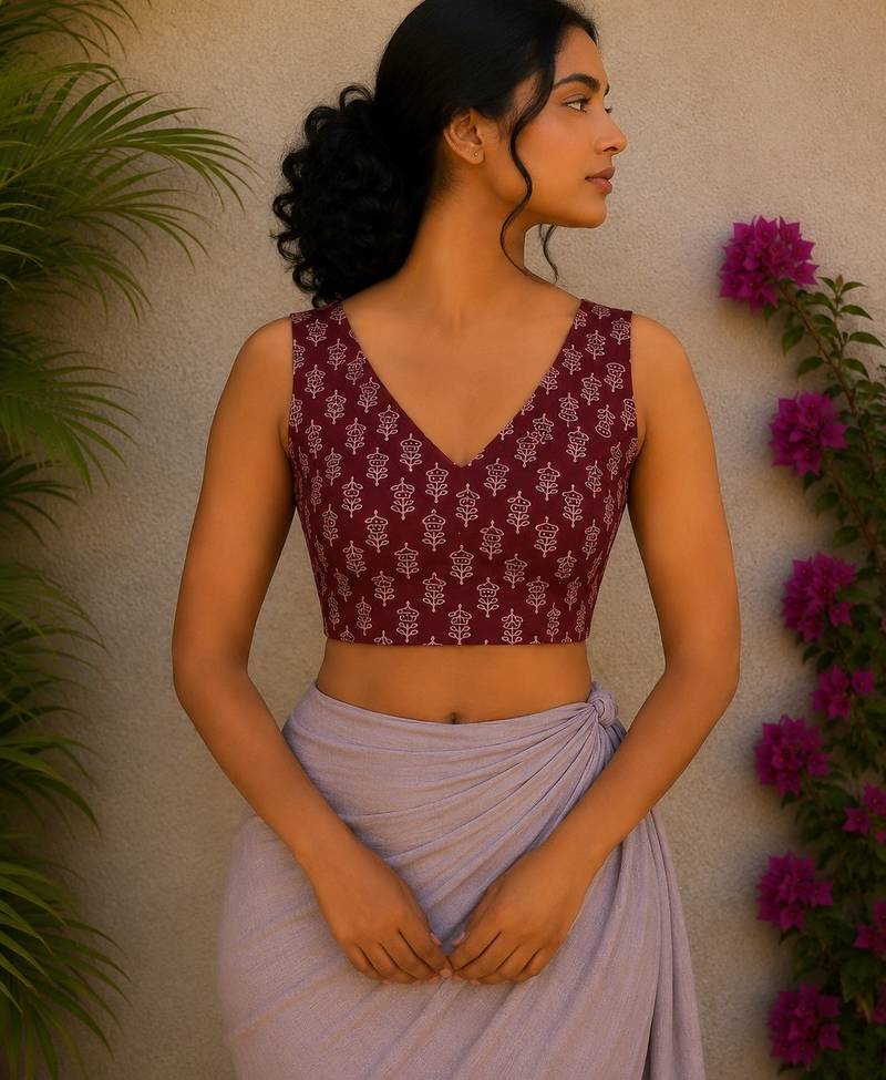 Maroon premium cotton handblock printed blouse