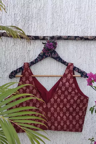 Maroon premium cotton handblock printed blouse