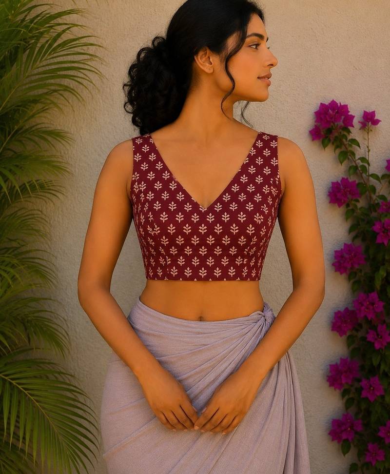 Maroon premium cotton handblock printed blouse