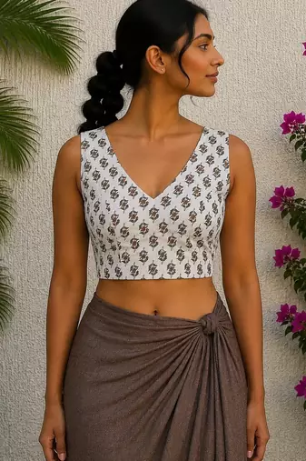 White premium cotton handblock printed blouse