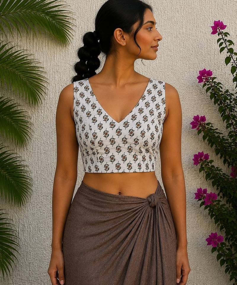 White premium cotton handblock printed blouse
