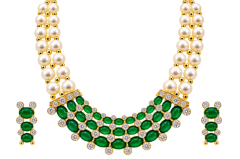Pearl & emerald green cz choker necklace and earrings set double strand pearls, oval cabochon stones, cz accents. 3