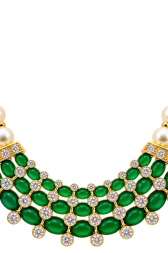 Pearl & emerald green cz choker necklace and earrings set double strand pearls, oval cabochon stones, cz accents.