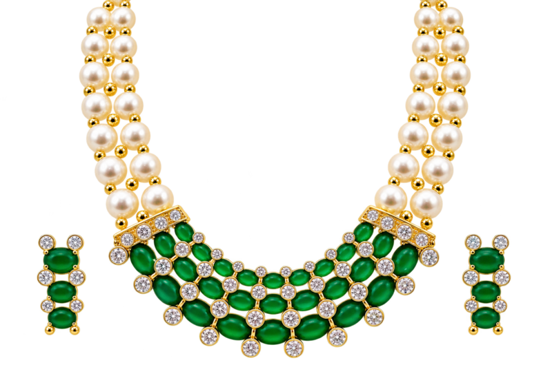 Pearl & emerald green cz choker necklace and earrings set double strand pearls, oval cabochon stones, cz accents.