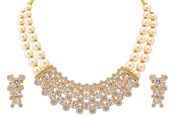 Pearl & cubic zirconia gold-tone necklace and earrings set double strand pearls,bridal jewellery, matching earrings. 3