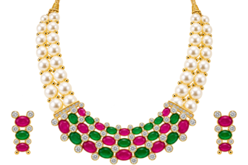 Pearl strand necklace set with ruby & emerald stones, gold-tone multi-strand pearls, cz accents, traditional design. 3