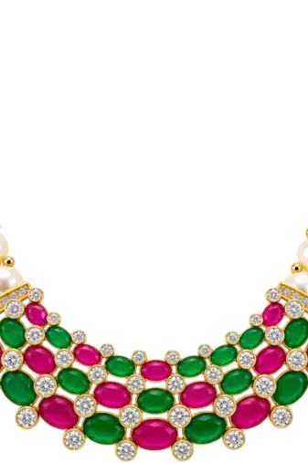 Pearl strand necklace set with ruby & emerald stones, gold-tone multi-strand pearls, cz accents, traditional design.