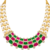 Pearl strand necklace set with ruby & emerald stones, gold-tone multi-strand pearls, cz accents, traditional design.