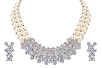 Pearl & crystal zirconia necklace and earrings jewellery set, cz stone pendant, bridal wear, silver-tone finish. 3