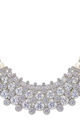 Pearl & crystal zirconia necklace and earrings jewellery set, cz stone pendant, bridal wear, silver-tone finish.