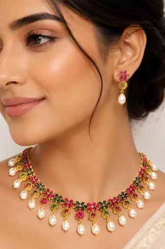 Certified natural freshwater pearls jewellery gold-plated ruby emerald pearl drop necklace and earrings set pearl drops.