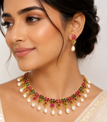 Certified natural freshwater pearls jewellery gold-plated ruby emerald pearl drop necklace and earrings set pearl drops.