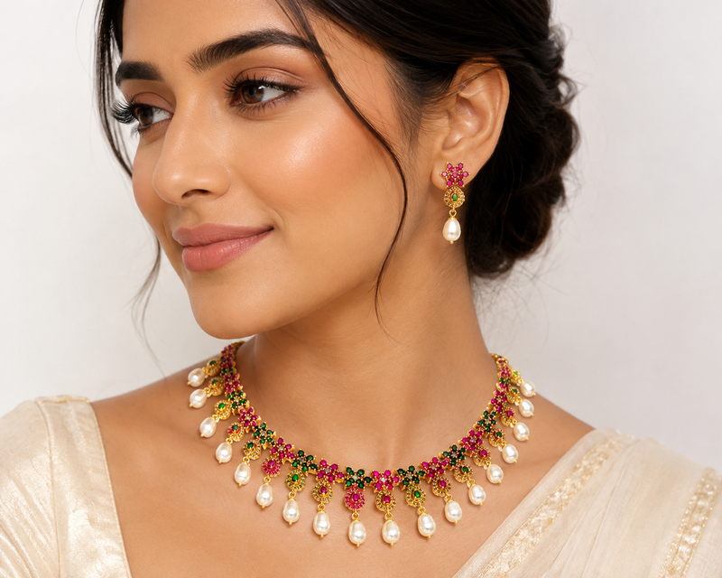 Certified natural freshwater pearls jewellery gold-plated ruby emerald pearl drop necklace and earrings set pearl drops.