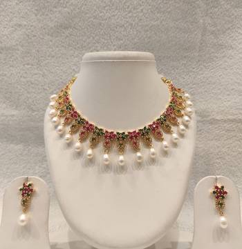 Certified natural freshwater pearls jewellery gold-plated ruby emerald pearl drop necklace and earrings set pearl drops. 2