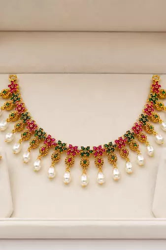 Certified natural freshwater pearls jewellery gold-plated ruby emerald pearl drop necklace and earrings set pearl drops.