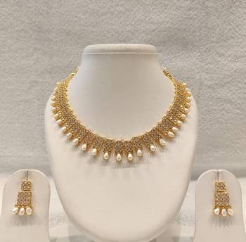 Certified natural freshwater pearls jewellery  gold-toned cz & pearl drop choker necklace and earrings set pearl drops. 1