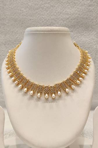 Certified natural freshwater pearls jewellery  gold-toned cz & pearl drop choker necklace and earrings set pearl drops.