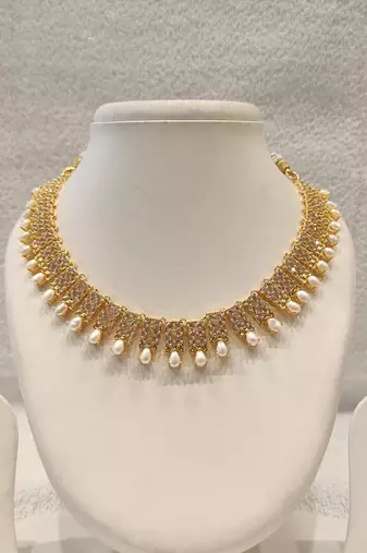 Certified natural freshwater pearls jewellery  gold-toned cz & pearl drop choker necklace and earrings set pearl drops.