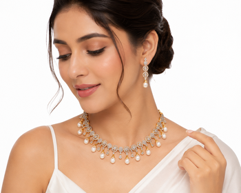 Certified natural freshwater pearls jewellery cz diamond pearl drop necklace & earrings jewellery set gold-tone finish. 1