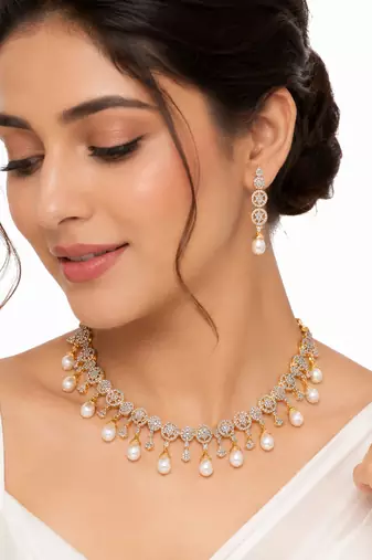 Certified natural freshwater pearls jewellery cz diamond pearl drop necklace & earrings jewellery set gold-tone finish.