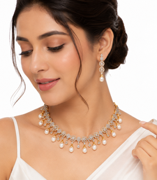 Certified natural freshwater pearls jewellery cz diamond pearl drop necklace & earrings jewellery set gold-tone finish.