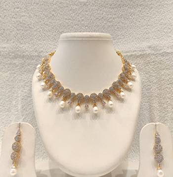 Certified natural freshwater pearls jewellery cz diamond pearl drop necklace & earrings jewellery set gold-tone finish. 2