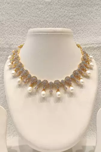 Certified natural freshwater pearls jewellery cz diamond pearl drop necklace & earrings jewellery set gold-tone finish.