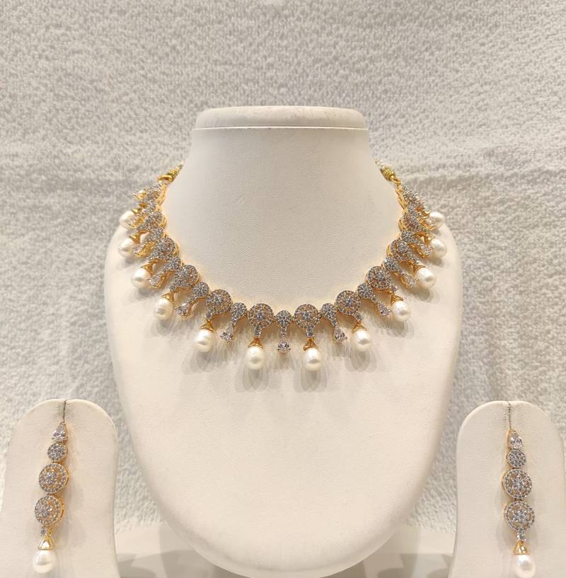 Certified natural freshwater pearls jewellery cz diamond pearl drop necklace & earrings jewellery set gold-tone finish.