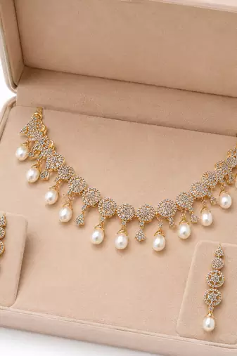 Certified natural freshwater pearls jewellery cz diamond pearl drop necklace & earrings jewellery set gold-tone finish.