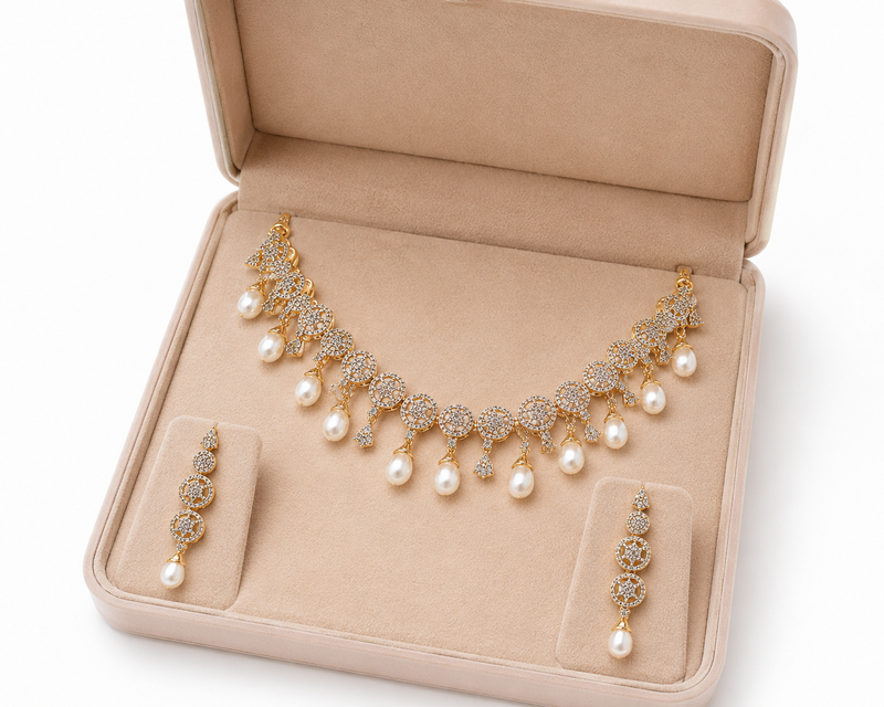 Certified natural freshwater pearls jewellery cz diamond pearl drop necklace & earrings jewellery set gold-tone finish.