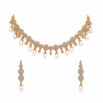 Certified natural freshwater pearls jewellery cz diamond pearl drop necklace & earrings jewellery set gold-tone finish. 4