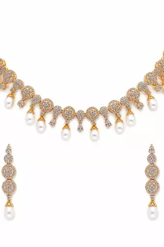 Certified natural freshwater pearls jewellery cz diamond pearl drop necklace & earrings jewellery set gold-tone finish.