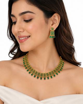 Certified natural freshwater pearls jewellery gold-toned green stone choker necklace & earrings set emerald green stones 1