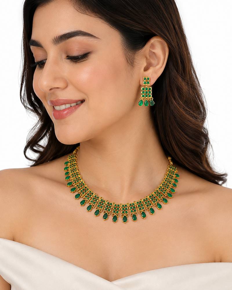 Certified natural freshwater pearls jewellery gold-toned green stone choker necklace & earrings set emerald green stones